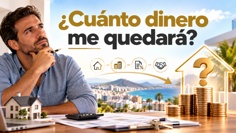Propietario calculando beneficios netos de venta inmobiliaria en oficina de Las Palmas